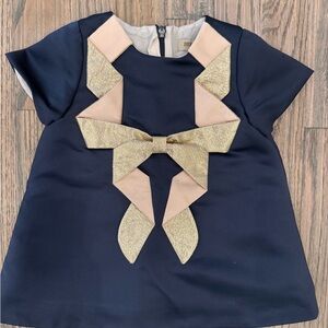 Hucklebones London Navy Satin Dress with Gold and Tan Bow Accents size 6 mo